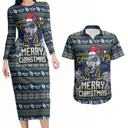 Personalized Cowboys Christmas Couples Matching Long Sleeve Bodycon Dress and Hawaiian Shirt Australian Rugby Fans - Pixelated Ugly Xmas Pattern Mascot Santa