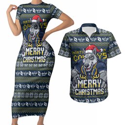 Personalized Cowboys Christmas Couples Matching Short Sleeve Bodycon Dress and Hawaiian Shirt Australian Rugby Fans - Pixelated Ugly Xmas Pattern Mascot Santa