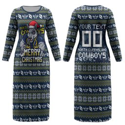 Personalized Cowboys Christmas Couples Matching Long Sleeve Bodycon Dress and Hawaiian Shirt Australian Rugby Fans - Pixelated Ugly Xmas Pattern Mascot Santa