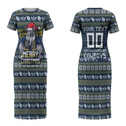 Personalized Cowboys Christmas Couples Matching Short Sleeve Bodycon Dress and Hawaiian Shirt Australian Rugby Fans - Pixelated Ugly Xmas Pattern Mascot Santa