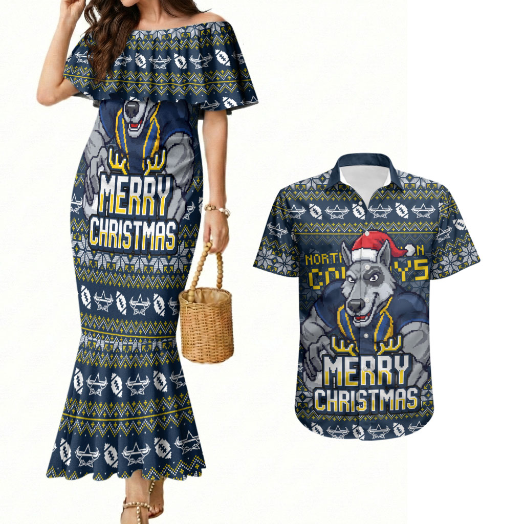 Personalized Cowboys Christmas Couples Matching Mermaid Dress and Hawaiian Shirt Australian Rugby Fans - Pixelated Ugly Xmas Pattern Mascot Santa