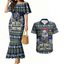 Personalized Cowboys Christmas Couples Matching Mermaid Dress and Hawaiian Shirt Australian Rugby Fans - Pixelated Ugly Xmas Pattern Mascot Santa