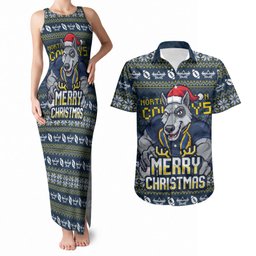 Personalized Cowboys Christmas Couples Matching Tank Maxi Dress and Hawaiian Shirt Australian Rugby Fans - Pixelated Ugly Xmas Pattern Mascot Santa