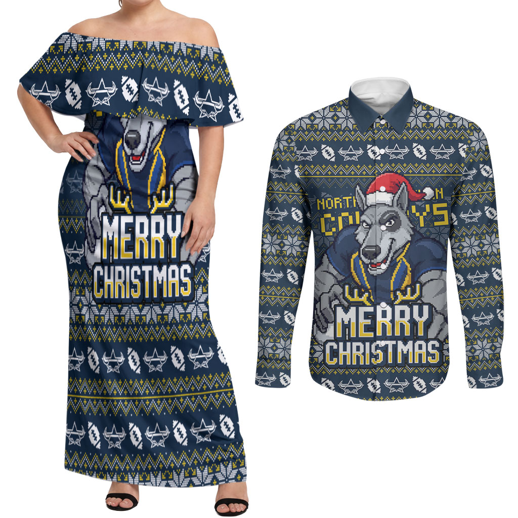 Personalized Cowboys Christmas Couples Matching Off Shoulder Maxi Dress and Long Sleeve Button Shirt Australian Rugby Fans - Pixelated Ugly Xmas Pattern Mascot Santa