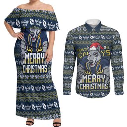 Personalized Cowboys Christmas Couples Matching Off Shoulder Maxi Dress and Long Sleeve Button Shirt Australian Rugby Fans - Pixelated Ugly Xmas Pattern Mascot Santa