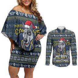 Personalized Cowboys Christmas Couples Matching Off Shoulder Short Dress and Long Sleeve Button Shirt Australian Rugby Fans - Pixelated Ugly Xmas Pattern Mascot Santa