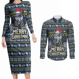 Personalized Cowboys Christmas Couples Matching Long Sleeve Bodycon Dress and Long Sleeve Button Shirt Australian Rugby Fans - Pixelated Ugly Xmas Pattern Mascot Santa
