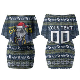 Personalized Cowboys Christmas Couples Matching Off Shoulder Short Dress and Long Sleeve Button Shirt Australian Rugby Fans - Pixelated Ugly Xmas Pattern Mascot Santa