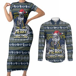 Personalized Cowboys Christmas Couples Matching Short Sleeve Bodycon Dress and Long Sleeve Button Shirt Australian Rugby Fans - Pixelated Ugly Xmas Pattern Mascot Santa