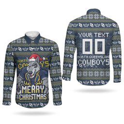 Personalized Cowboys Christmas Couples Matching Long Sleeve Bodycon Dress and Long Sleeve Button Shirt Australian Rugby Fans - Pixelated Ugly Xmas Pattern Mascot Santa