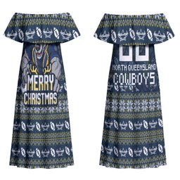Personalized Cowboys Christmas Couples Matching Off Shoulder Maxi Dress and Long Sleeve Button Shirt Australian Rugby Fans - Pixelated Ugly Xmas Pattern Mascot Santa