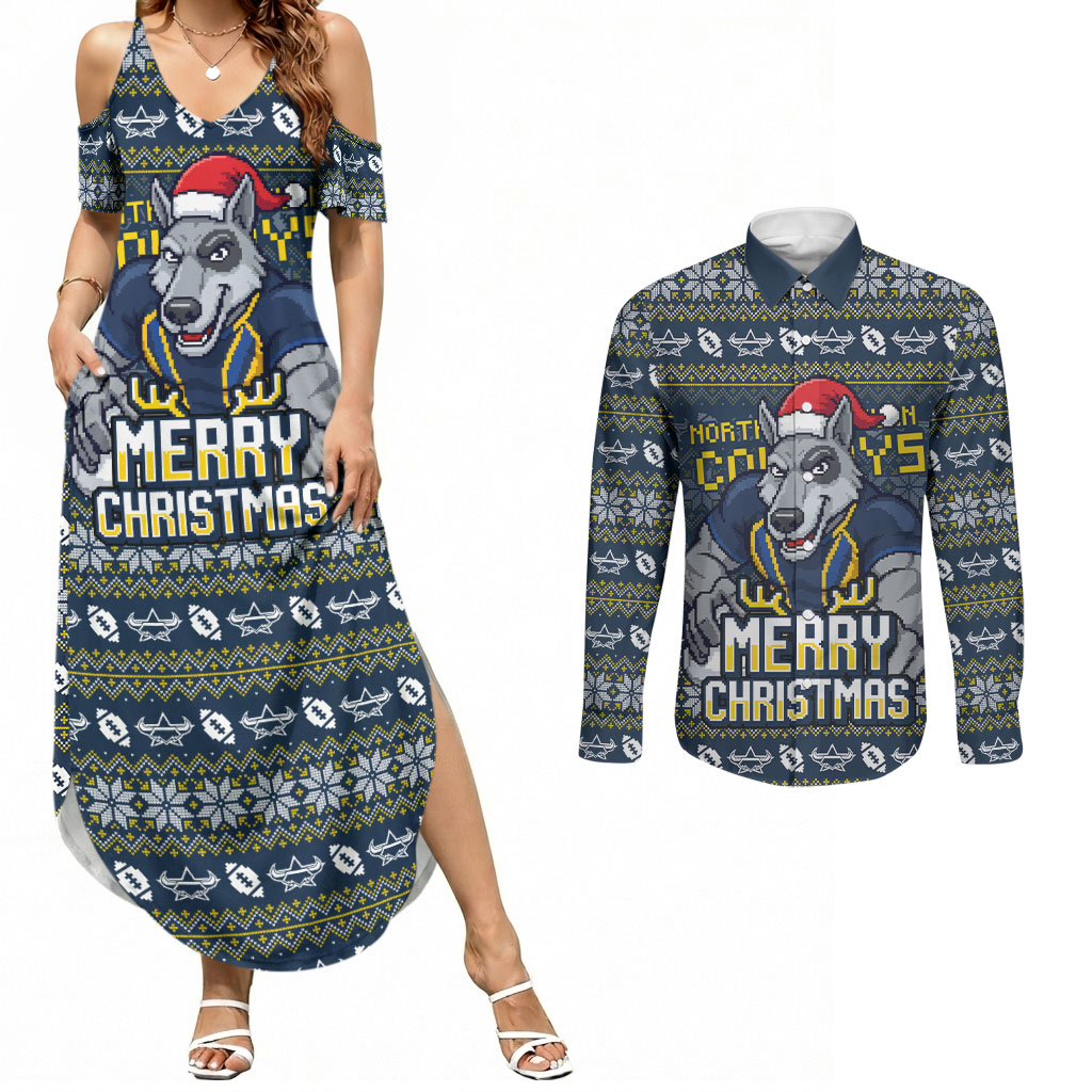 Personalized Cowboys Christmas Couples Matching Summer Maxi Dress and Long Sleeve Button Shirt Australian Rugby Fans - Pixelated Ugly Xmas Pattern Mascot Santa