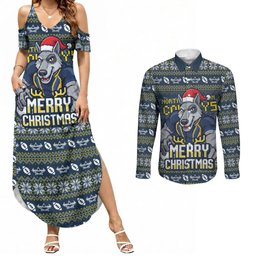 Personalized Cowboys Christmas Couples Matching Summer Maxi Dress and Long Sleeve Button Shirt Australian Rugby Fans - Pixelated Ugly Xmas Pattern Mascot Santa