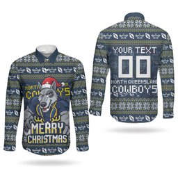 Personalized Cowboys Christmas Couples Matching Summer Maxi Dress and Long Sleeve Button Shirt Australian Rugby Fans - Pixelated Ugly Xmas Pattern Mascot Santa