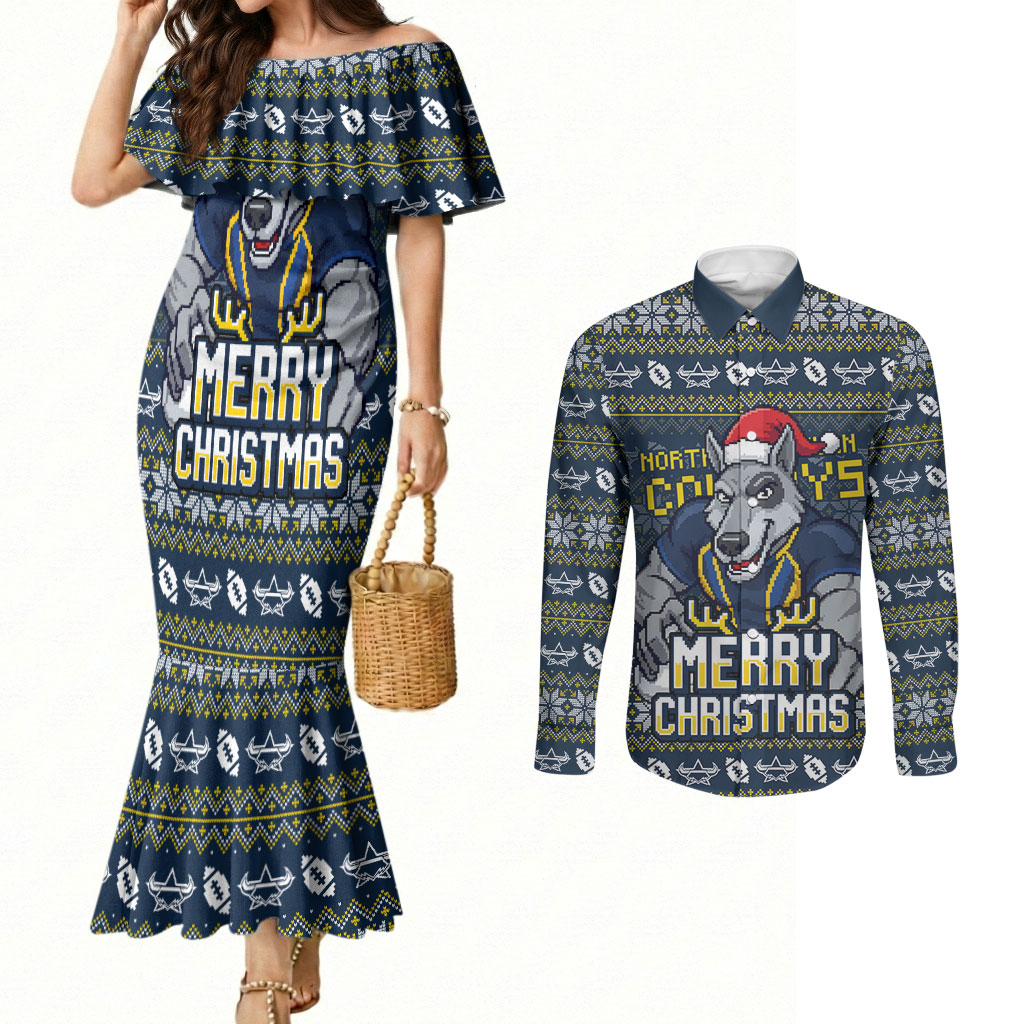 Personalized Cowboys Christmas Couples Matching Mermaid Dress and Long Sleeve Button Shirt Australian Rugby Fans - Pixelated Ugly Xmas Pattern Mascot Santa