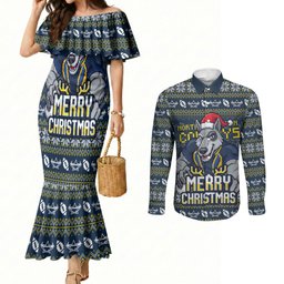 Personalized Cowboys Christmas Couples Matching Mermaid Dress and Long Sleeve Button Shirt Australian Rugby Fans - Pixelated Ugly Xmas Pattern Mascot Santa