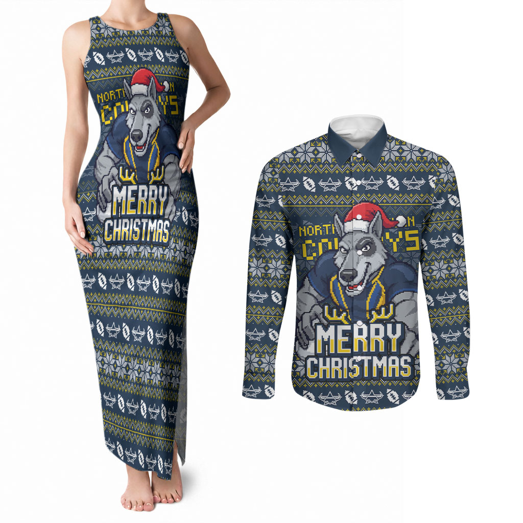 Personalized Cowboys Christmas Couples Matching Tank Maxi Dress and Long Sleeve Button Shirt Australian Rugby Fans - Pixelated Ugly Xmas Pattern Mascot Santa