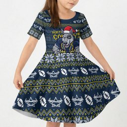 Personalized Cowboys Christmas Kid Short Sleeve Dress Australian Rugby Fans - Pixelated Ugly Xmas Pattern Mascot Santa