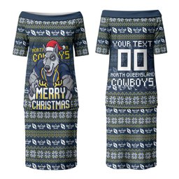 Personalized Cowboys Christmas Couples Matching Puletasi and Long Sleeve Button Shirt Australian Rugby Fans - Pixelated Ugly Xmas Pattern Mascot Santa