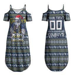 Personalized Cowboys Christmas Couples Matching Summer Maxi Dress and Long Sleeve Button Shirt Australian Rugby Fans - Pixelated Ugly Xmas Pattern Mascot Santa