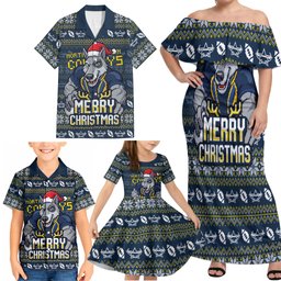 Personalized Cowboys Christmas Family Matching Off Shoulder Maxi Dress and Hawaiian Shirt Australian Rugby Fans - Pixelated Ugly Xmas Pattern Mascot Santa