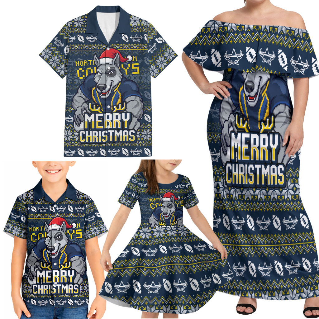 Personalized Cowboys Christmas Family Matching Off Shoulder Maxi Dress and Hawaiian Shirt Australian Rugby Fans - Pixelated Ugly Xmas Pattern Mascot Santa