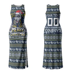 Personalized Cowboys Christmas Couples Matching Tank Maxi Dress and Long Sleeve Button Shirt Australian Rugby Fans - Pixelated Ugly Xmas Pattern Mascot Santa