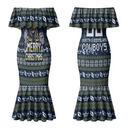 Personalized Cowboys Christmas Couples Matching Mermaid Dress and Long Sleeve Button Shirt Australian Rugby Fans - Pixelated Ugly Xmas Pattern Mascot Santa
