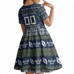 Personalized Cowboys Christmas Kid Short Sleeve Dress Australian Rugby Fans - Pixelated Ugly Xmas Pattern Mascot Santa