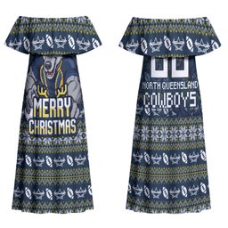 Personalized Cowboys Christmas Family Matching Off Shoulder Maxi Dress and Hawaiian Shirt Australian Rugby Fans - Pixelated Ugly Xmas Pattern Mascot Santa