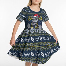 Personalized Cowboys Christmas Kid Short Sleeve Dress Australian Rugby Fans - Pixelated Ugly Xmas Pattern Mascot Santa
