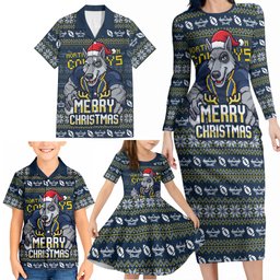 Personalized Cowboys Christmas Family Matching Long Sleeve Bodycon Dress and Hawaiian Shirt Australian Rugby Fans - Pixelated Ugly Xmas Pattern Mascot Santa
