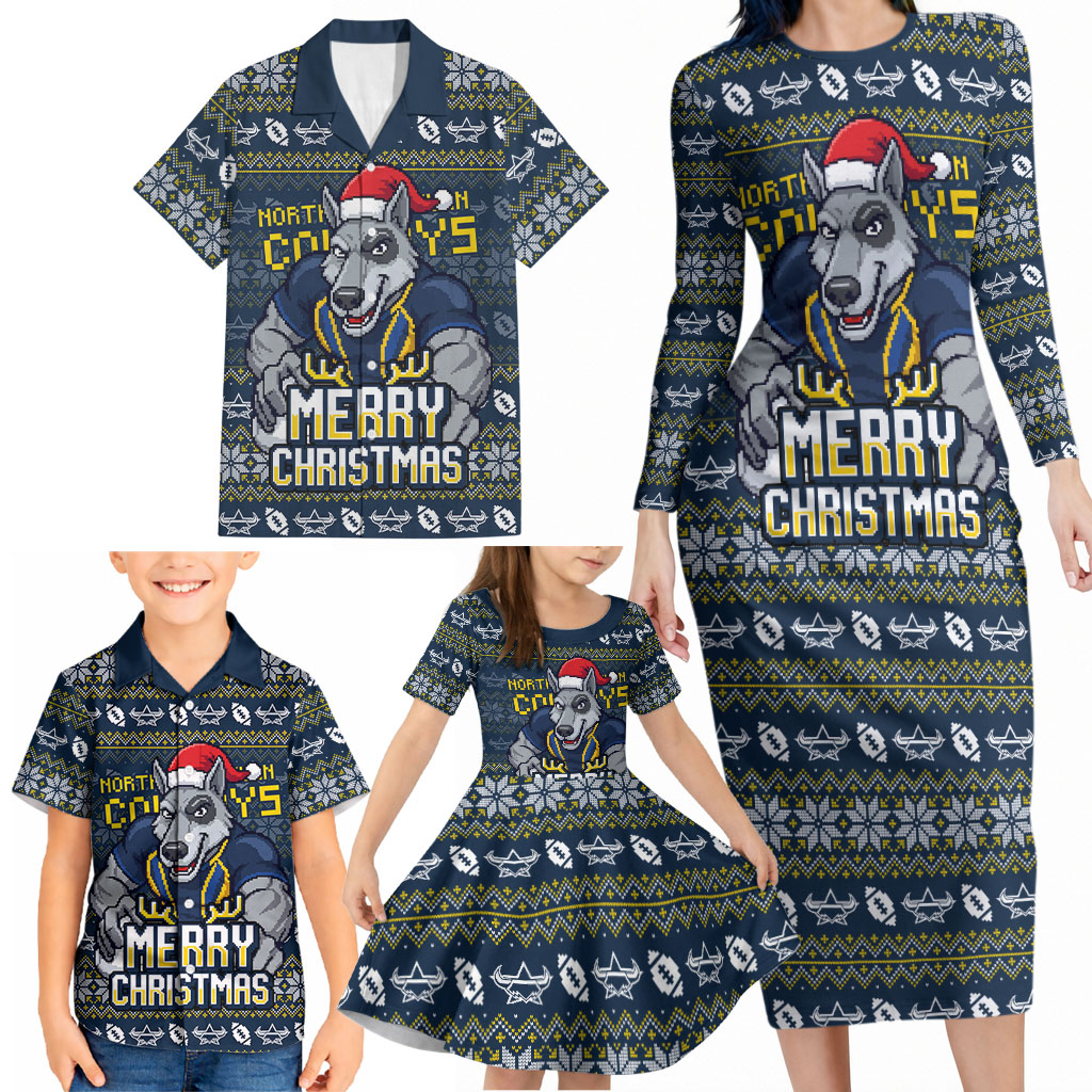 Personalized Cowboys Christmas Family Matching Long Sleeve Bodycon Dress and Hawaiian Shirt Australian Rugby Fans - Pixelated Ugly Xmas Pattern Mascot Santa