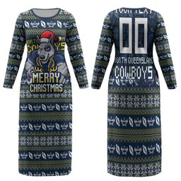 Personalized Cowboys Christmas Family Matching Long Sleeve Bodycon Dress and Hawaiian Shirt Australian Rugby Fans - Pixelated Ugly Xmas Pattern Mascot Santa