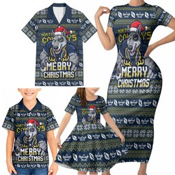 Personalized Cowboys Christmas Family Matching Short Sleeve Bodycon Dress and Hawaiian Shirt Australian Rugby Fans - Pixelated Ugly Xmas Pattern Mascot Santa