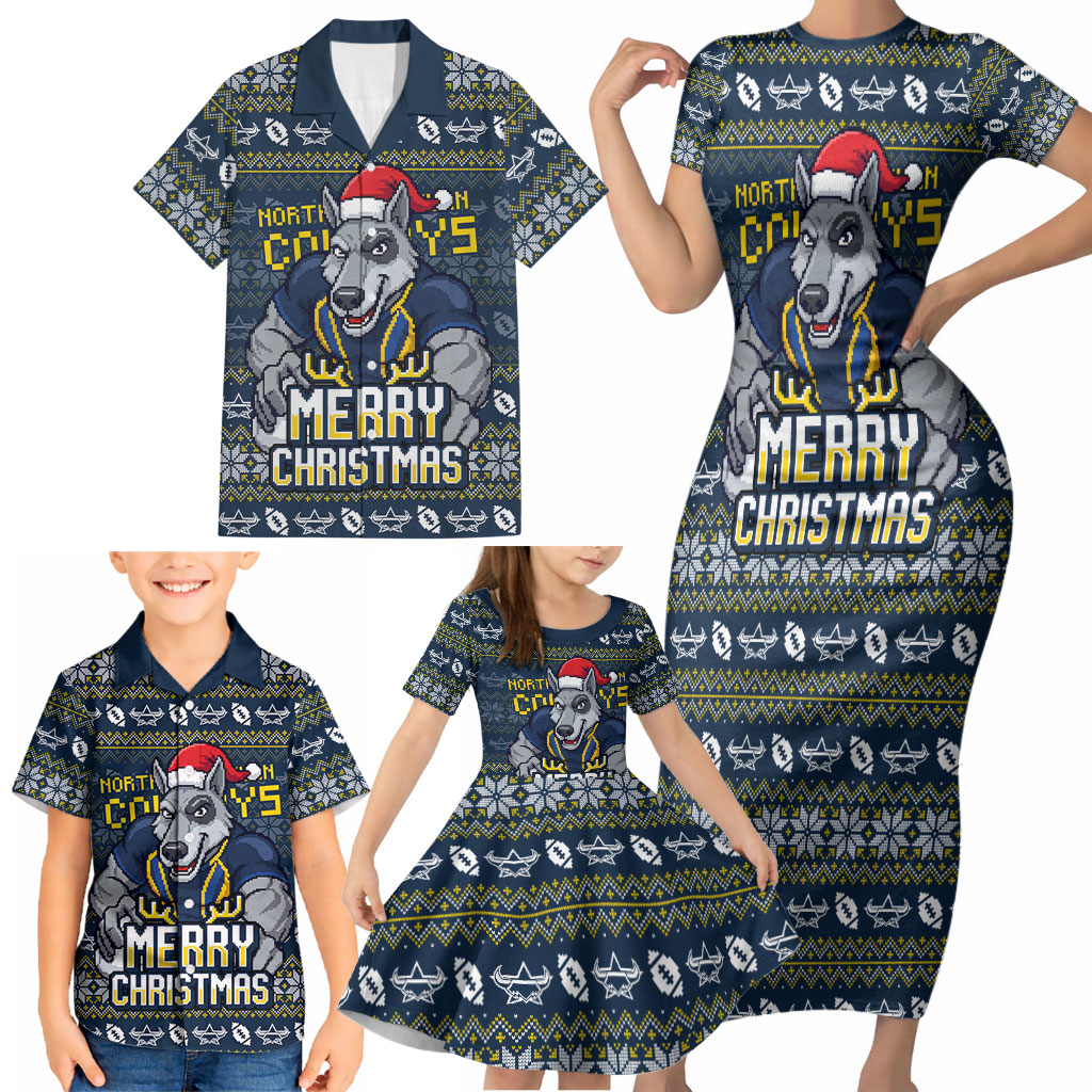 Personalized Cowboys Christmas Family Matching Short Sleeve Bodycon Dress and Hawaiian Shirt Australian Rugby Fans - Pixelated Ugly Xmas Pattern Mascot Santa