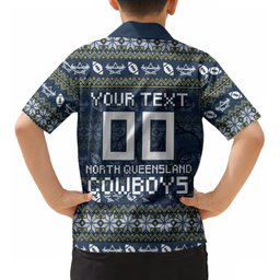 Personalized Cowboys Christmas Kid Hawaiian Shirt Australian Rugby Fans - Pixelated Ugly Xmas Pattern Mascot Santa