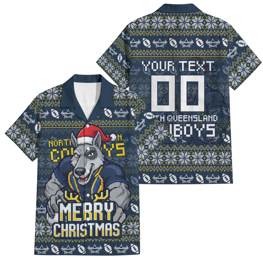 Personalized Cowboys Christmas Family Matching Off Shoulder Short Dress and Hawaiian Shirt Australian Rugby Fans - Pixelated Ugly Xmas Pattern Mascot Santa