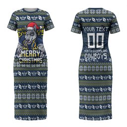 Personalized Cowboys Christmas Family Matching Short Sleeve Bodycon Dress and Hawaiian Shirt Australian Rugby Fans - Pixelated Ugly Xmas Pattern Mascot Santa