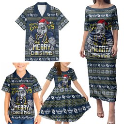 Personalized Cowboys Christmas Family Matching Puletasi and Hawaiian Shirt Australian Rugby Fans - Pixelated Ugly Xmas Pattern Mascot Santa