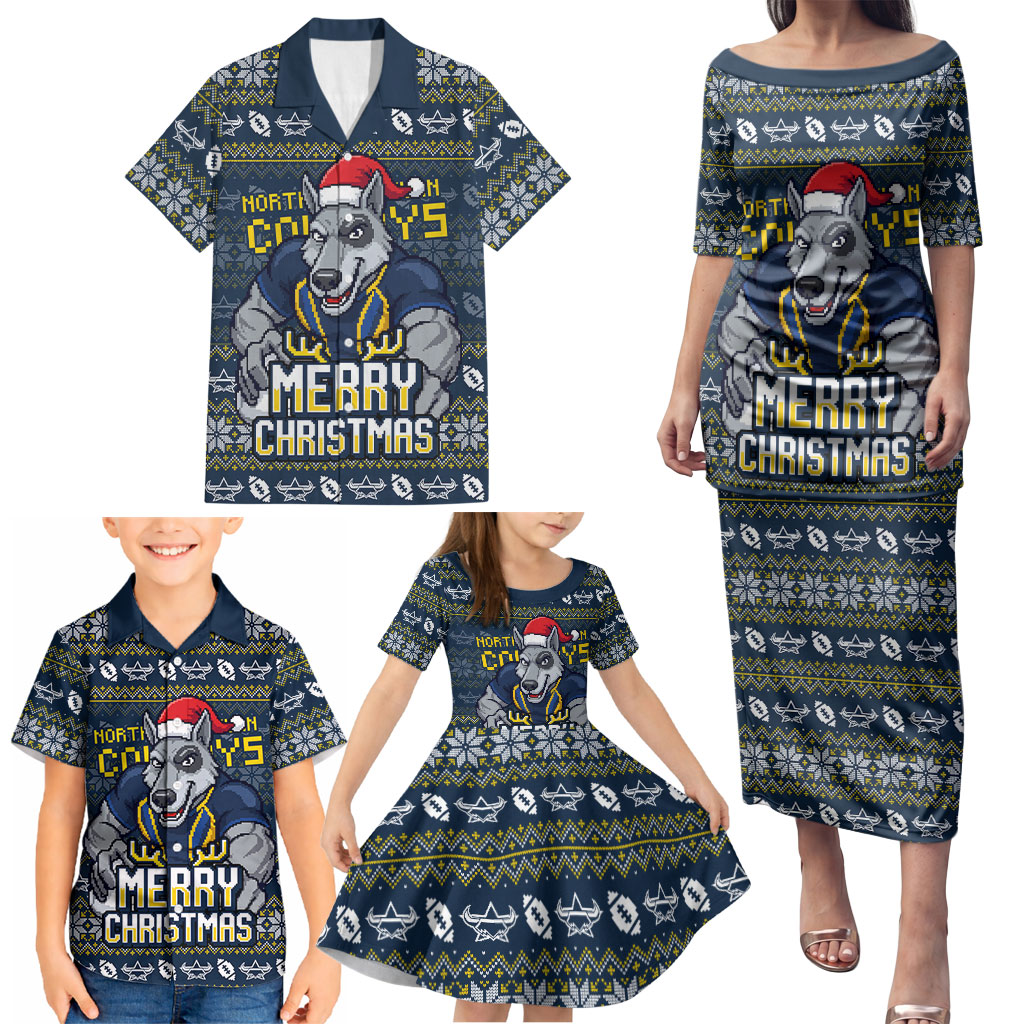 Personalized Cowboys Christmas Family Matching Puletasi and Hawaiian Shirt Australian Rugby Fans - Pixelated Ugly Xmas Pattern Mascot Santa