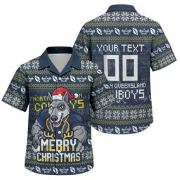 Personalized Cowboys Christmas Family Matching Off Shoulder Maxi Dress and Hawaiian Shirt Australian Rugby Fans - Pixelated Ugly Xmas Pattern Mascot Santa