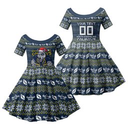 Personalized Cowboys Christmas Family Matching Off Shoulder Short Dress and Hawaiian Shirt Australian Rugby Fans - Pixelated Ugly Xmas Pattern Mascot Santa