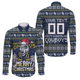 Personalized Cowboys Christmas Family Matching Short Sleeve Bodycon Dress and Hawaiian Shirt Australian Rugby Fans - Pixelated Ugly Xmas Pattern Mascot Santa