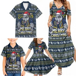 Personalized Cowboys Christmas Family Matching Summer Maxi Dress and Hawaiian Shirt Australian Rugby Fans - Pixelated Ugly Xmas Pattern Mascot Santa
