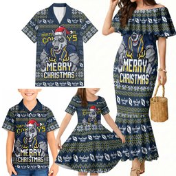 Personalized Cowboys Christmas Family Matching Mermaid Dress and Hawaiian Shirt Australian Rugby Fans - Pixelated Ugly Xmas Pattern Mascot Santa