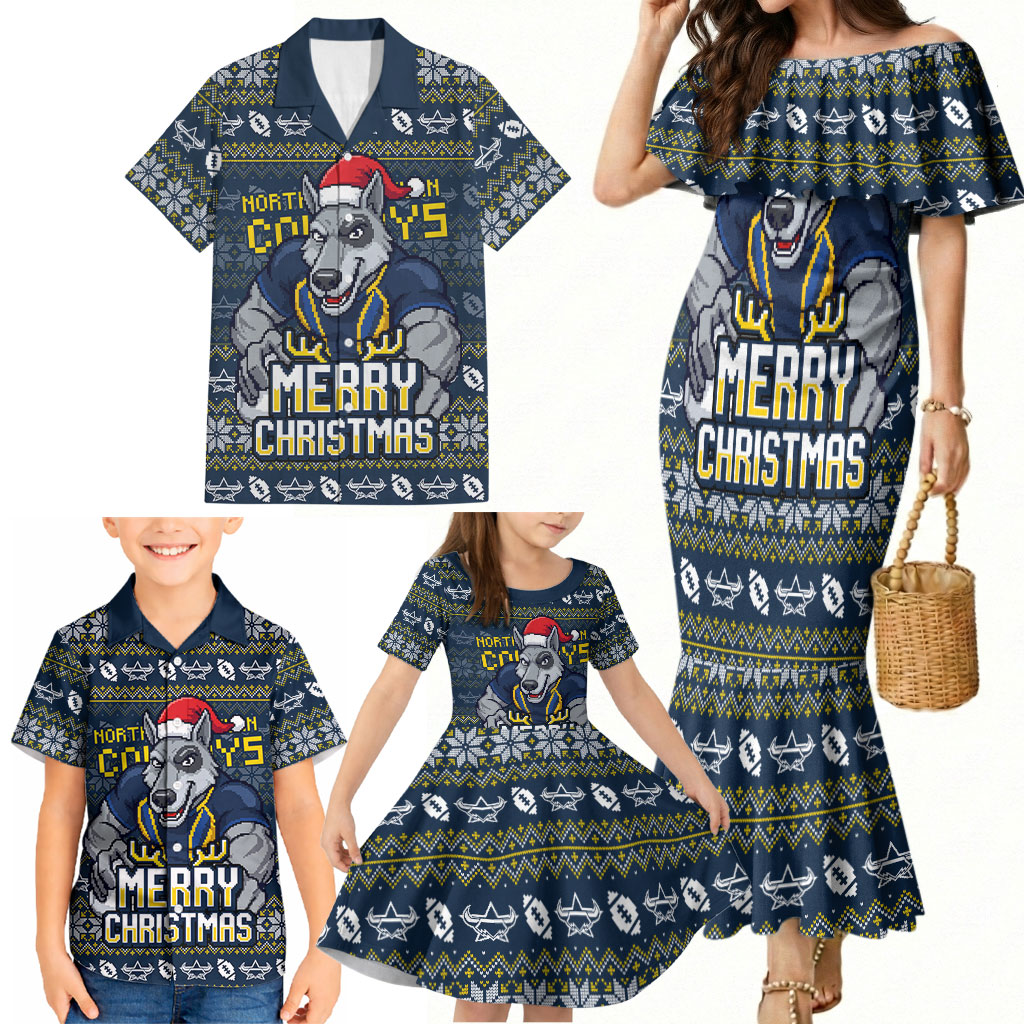 Personalized Cowboys Christmas Family Matching Mermaid Dress and Hawaiian Shirt Australian Rugby Fans - Pixelated Ugly Xmas Pattern Mascot Santa