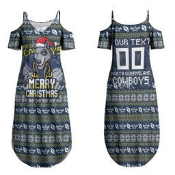 Personalized Cowboys Christmas Family Matching Summer Maxi Dress and Hawaiian Shirt Australian Rugby Fans - Pixelated Ugly Xmas Pattern Mascot Santa