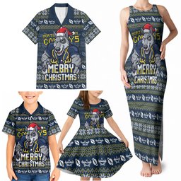Personalized Cowboys Christmas Family Matching Tank Maxi Dress and Hawaiian Shirt Australian Rugby Fans - Pixelated Ugly Xmas Pattern Mascot Santa