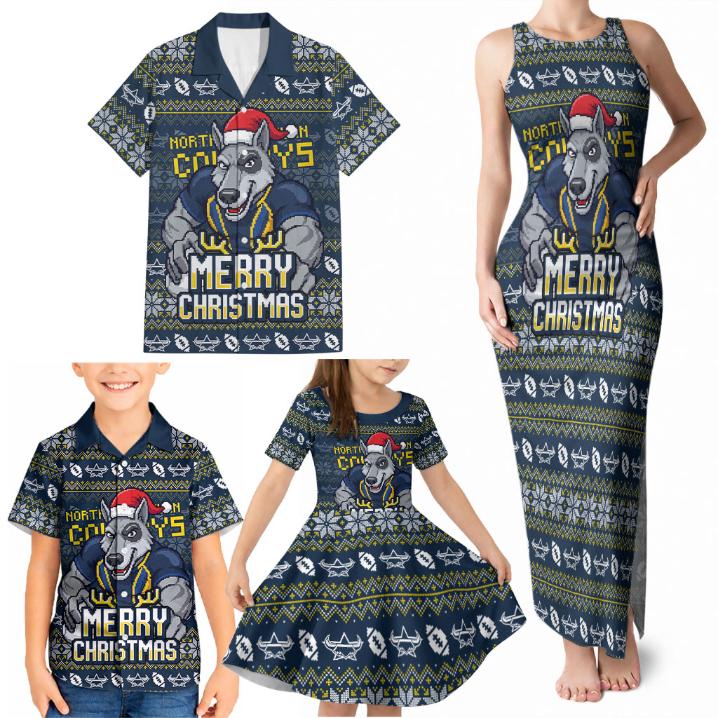 Personalized Cowboys Christmas Family Matching Tank Maxi Dress and Hawaiian Shirt Australian Rugby Fans - Pixelated Ugly Xmas Pattern Mascot Santa